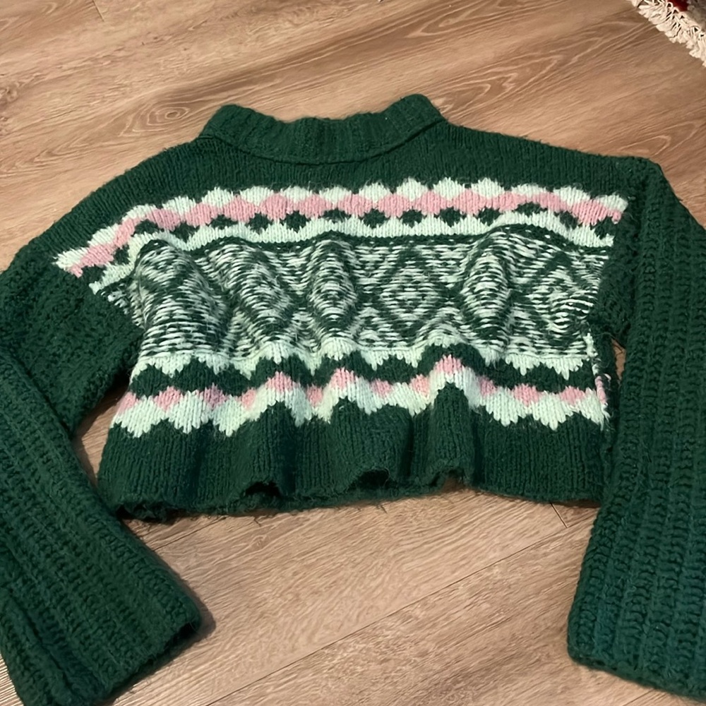 Free People Forest Green Cropped Cowl Sweater with Pink and Mint Fair Isle